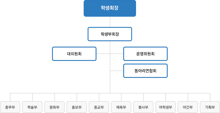 학생회장 아래에는 학생부회장이 있고 그 밑에는 대의원회, 운영위원회, 동아리 연합회가 있으며 그 아래에는 총무부,학술부,문화부,홍보부,종교부,체육부,봉사부,여학생부,야간부,기획부가 있습니다.
